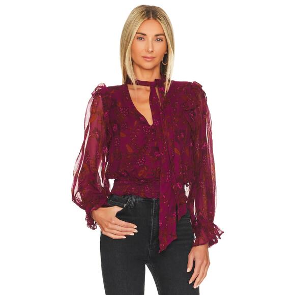 Cleobella Olivia Purple Botanical Floral Print Tie Neck Top - Picture 2 of 12